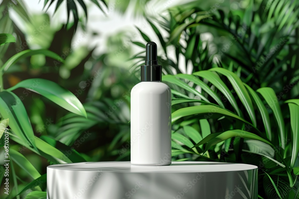 Cosmetic bottle on white pedestal among tropical leaves, Ai generated