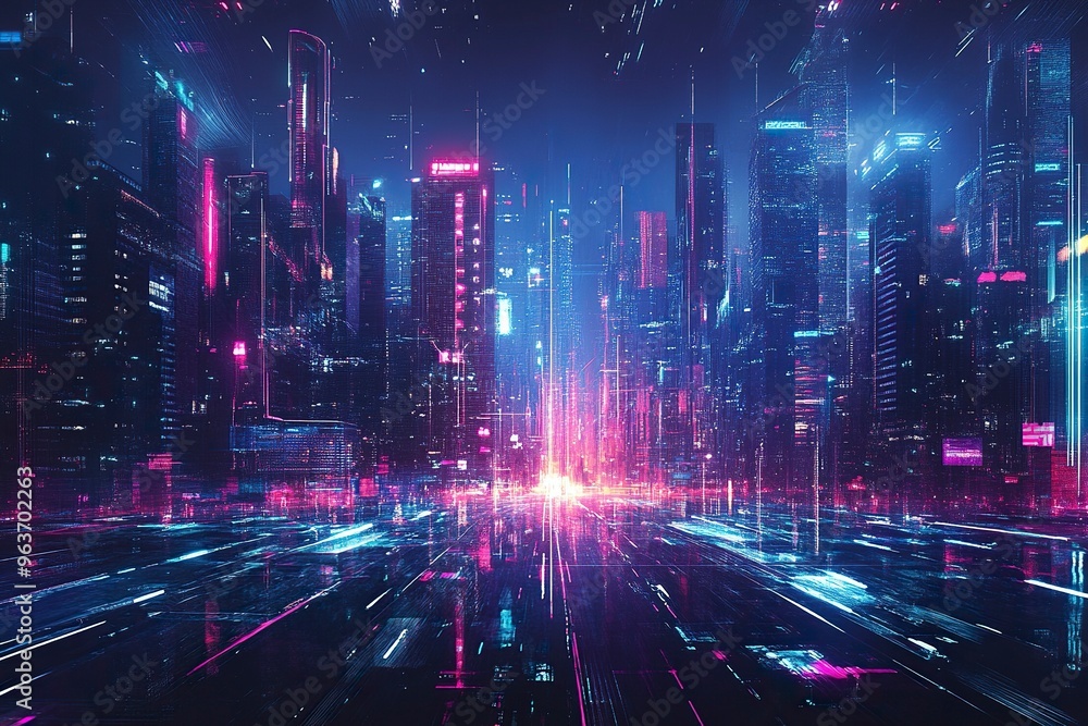 Fototapeta premium Panoramic urban architecture, cityscape with space and neon light effects. Modern hi-tech, science, futuristic technology concept. generative ai