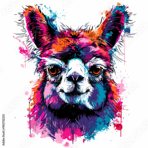 Llama head with watercolor splashes. Vector illustration.