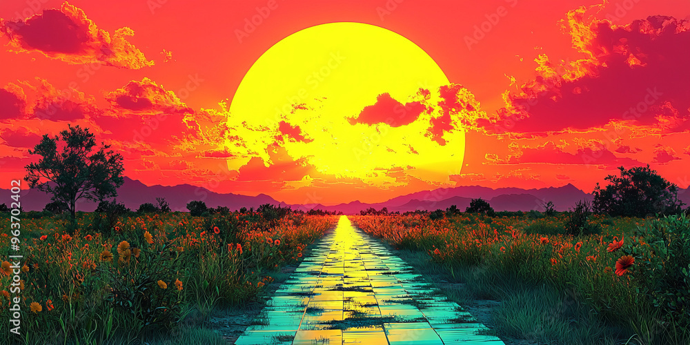 Obraz premium A path leads to a giant yellow sun setting over a field of flowers.