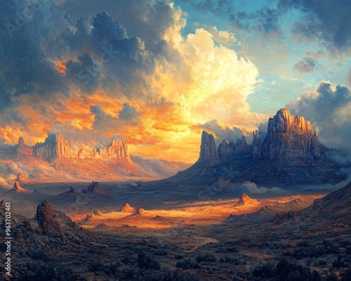 Dramatic Sunset Over Desert Mountains with Golden Clouds