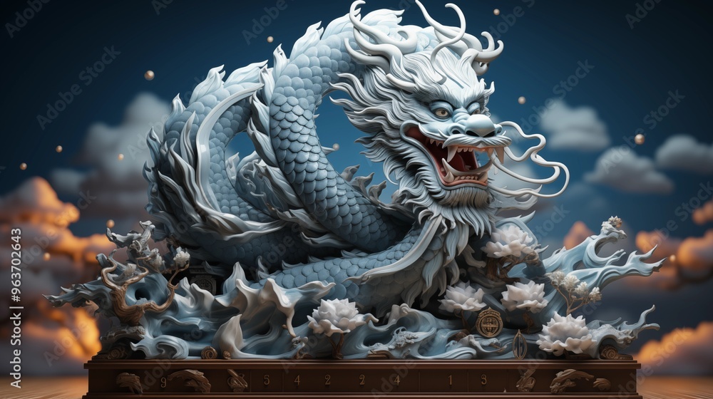 Obraz premium Happy New Year, 2025, Blue Dragon, Zodiac sign year of the Blue Dragon, Happy Chinese New Year 2025 Zodiac sign Dragon on Blue background