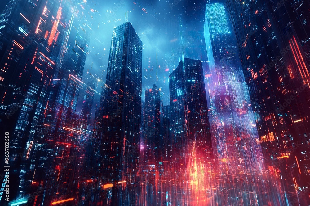 Fototapeta premium Panoramic urban architecture, cityscape with space and neon light effects. Modern hi-tech, science, futuristic technology concept. generative ai