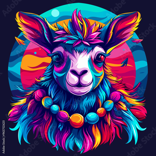 Llama head with long hair and beads. Vector illustration.
