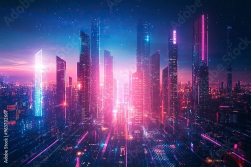 Panoramic urban architecture, cityscape with space and neon light effects. Modern hi-tech, science, futuristic technology concept. generative ai