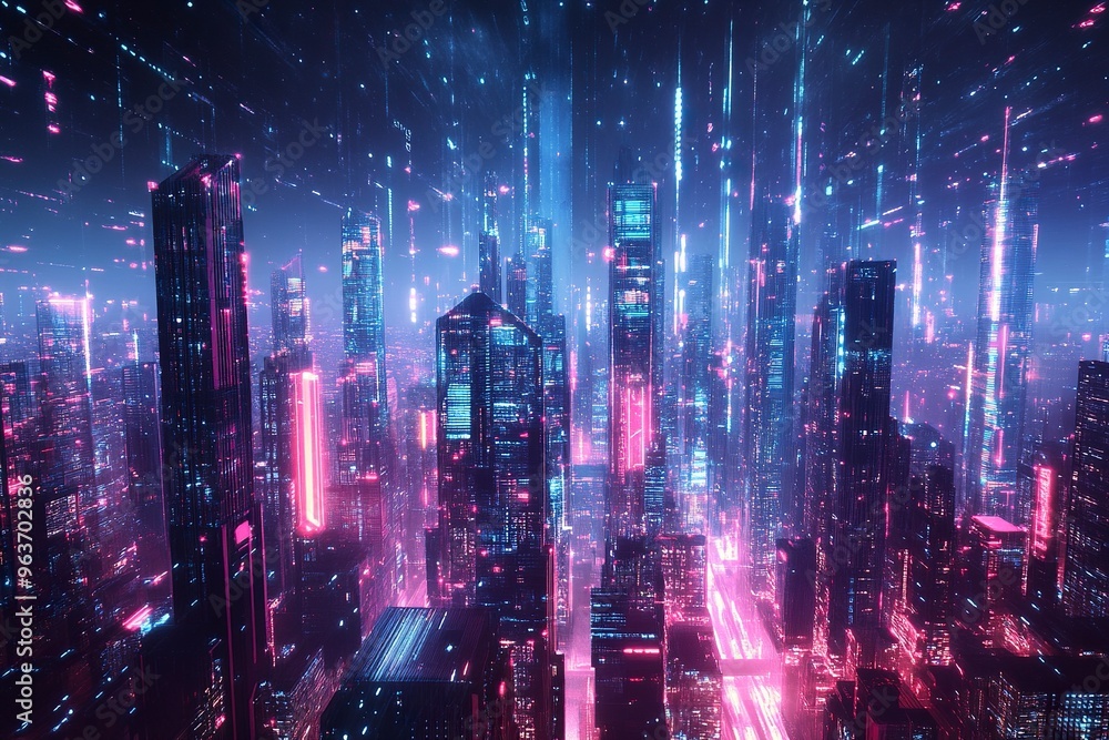 Fototapeta premium Panoramic urban architecture, cityscape with space and neon light effects. Modern hi-tech, science, futuristic technology concept. generative ai