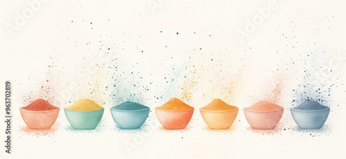 Watercolor - A row of seven bowls filled with different colored powders, with dust particles rising from each bowl. Perfect for concepts of celebration, creativity, or abstract themes.
 photo