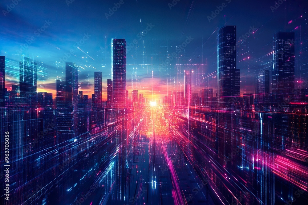 Panoramic urban architecture, cityscape with space and neon light effects. Modern hi-tech, science, futuristic technology concept. generative ai Panoramic urban architecture, cityscape with space and neon light effects. Modern hi-tech, science, futuristic technology concept. generative ai