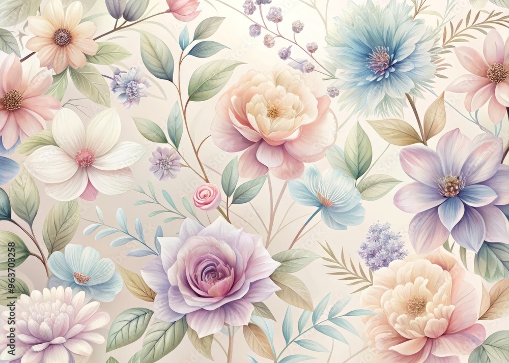 Soft pastel florals on a creamy white background, intricate illustration of overlapping flowers in shades of pale pink, lavender, and baby blue, with delicate lines and subtle texture. Soft pastel florals on a creamy white background, intricate illustration of overlapping flowers in shades of pale pink, lavender, and baby blue, with delicate lines and subtle texture.
