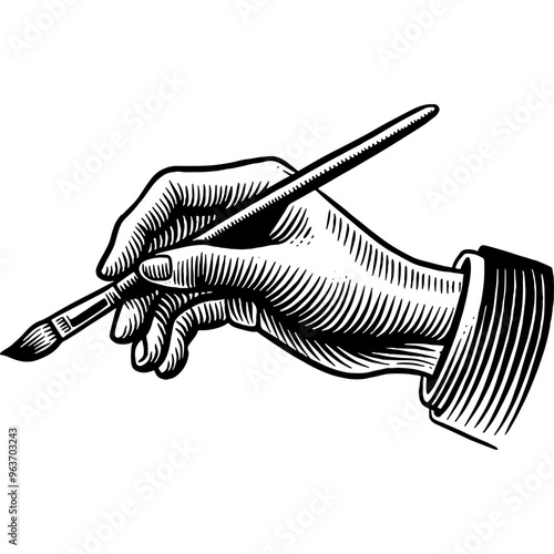 Hand drawn Hand Holding Paintbrush Sketch Illustration Engraving Woodcut Vintage Style Vector Line Art