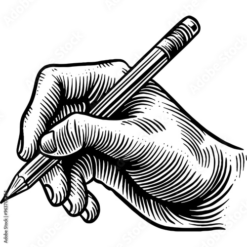 Hand drawn Hand Holding Pencil Sketch Illustration Engraving Woodcut Vintage Style Vector Line Art