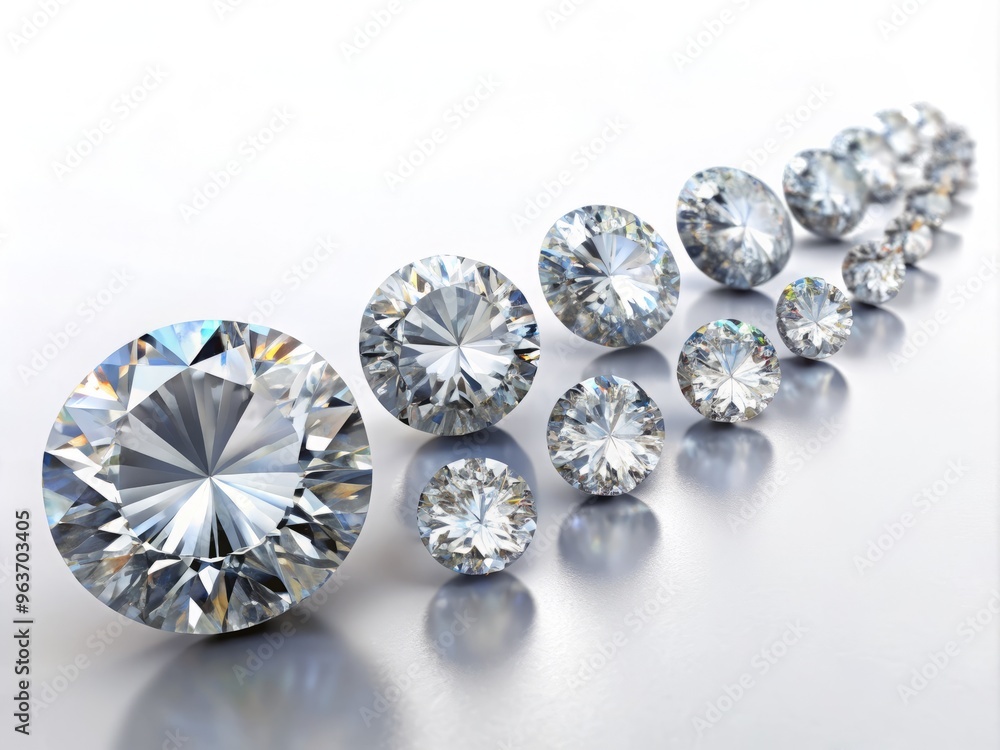 A precision-crafted illustration of diamonds in a staggered array, with an emphasis on clarity, accuracy, and precise rendering, set against a minimalist white background for a jewelry catalog. A precision-crafted illustration of diamonds in a staggered array, with an emphasis on clarity, accuracy, and precise rendering, set against a minimalist white background for a jewelry catalog.