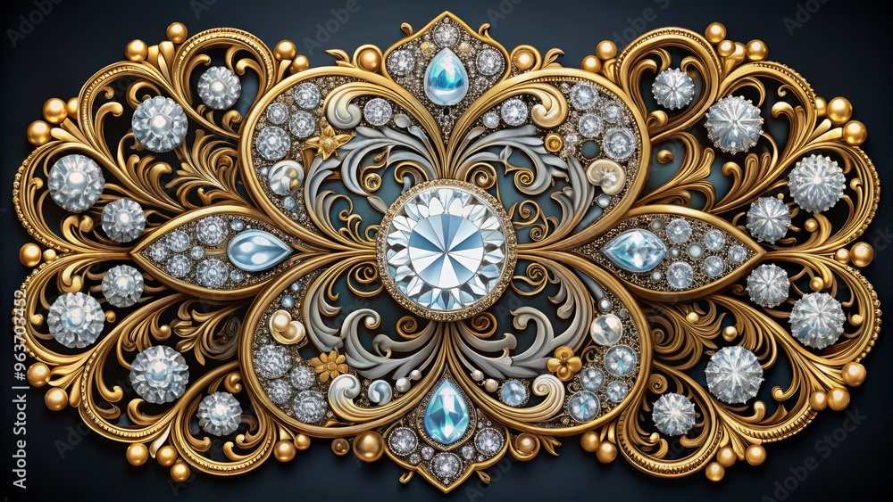 An elaborate, ornate illustration featuring diamonds in a staggered arrangement, set within an intricate framework of fine lines, filigree, and ornate details An elaborate, ornate illustration featuring diamonds in a staggered arrangement, set within an intricate framework of fine lines, filigree, and ornate details