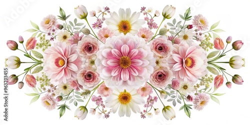 Symmetrical arrangement of identical delicate flowers on either side of a central axis on a pure white background with a subtle watercolor effect