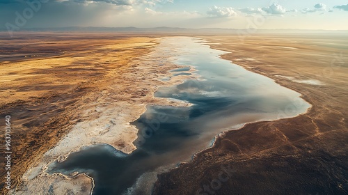 Aerial shot of salt-crusted desert plains that were once vibrant lakes, illustrating the harsh effects of prolonged droughts. photo