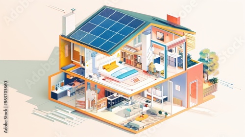 Energy-Efficient Smart Home Cutaway Illustration Featuring Insulation, Solar Panels, and Smart Thermostats