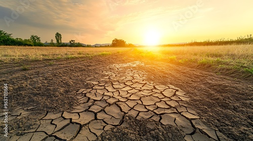 Cracked, dry earth in a once-thriving agricultural field under a sun-scorched sky, symbolizing severe drought conditions caused by climate change.
