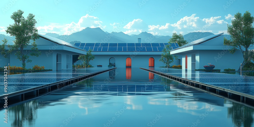 Obraz premium Modern home with solar panels and a reflecting pool.