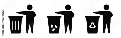 Vector Man Throw Garbage, Man Throw Garbage With Recycle Symbol Icon Set Isolated