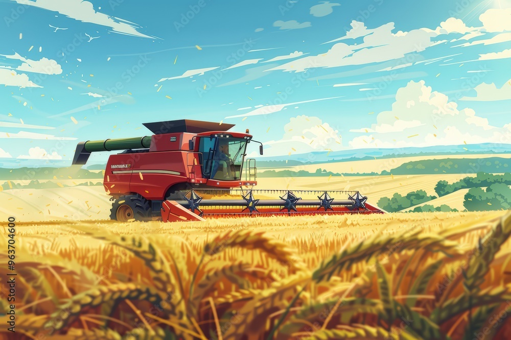 Fototapeta premium Efficient Combine Harvester Operating in a Large Wheat Field Under a Clear Sky - Agricultural Technology