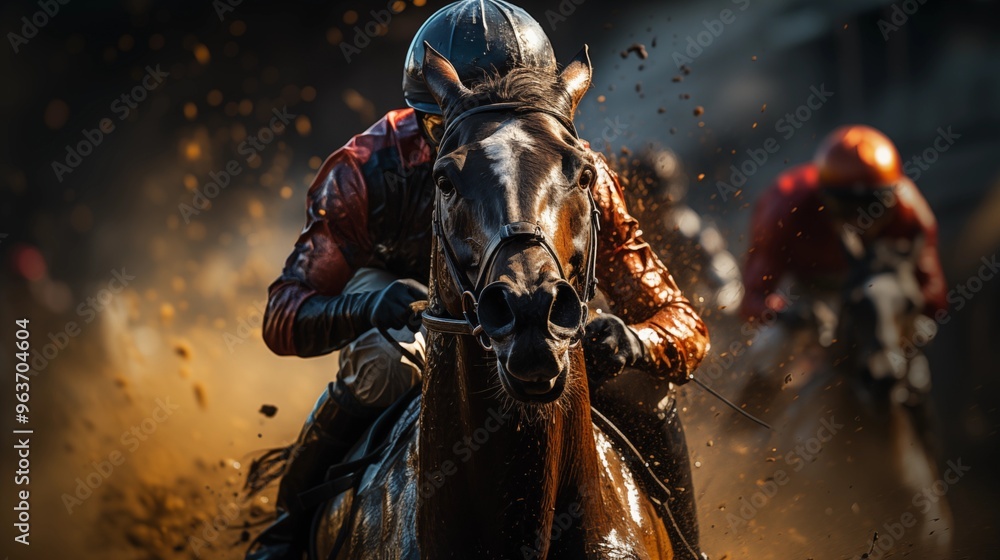 Horse racing, Jockeys fight to take the lead in the last curve, Jockeys on their horses during horse racing Horse racing, Jockeys fight to take the lead in the last curve, Jockeys on their horses during horse racing