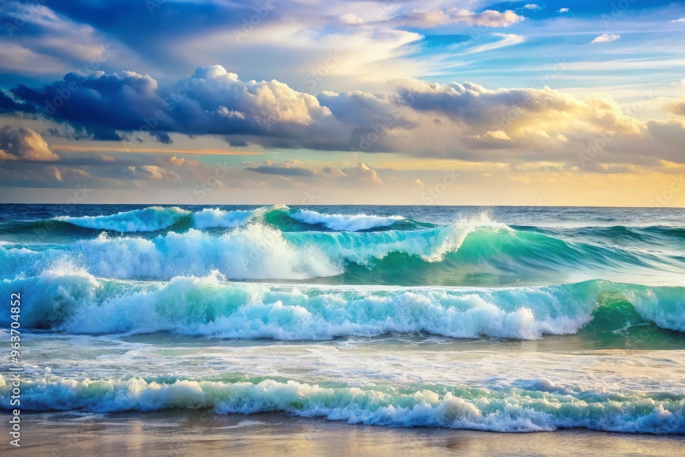 Softly undulating waves of blue and white hues on a creamy background, reminiscent of a serene ocean horizon Softly undulating waves of blue and white hues on a creamy background, reminiscent of a serene ocean horizon