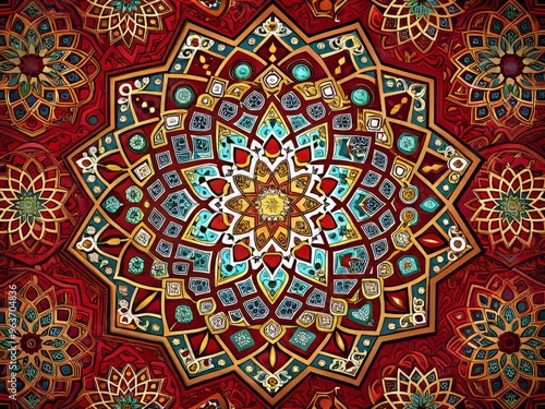 Intricate symmetrical design of Islamic geometry patterns in a vibrant color palette set against a rich crimson red background representing balance and unity