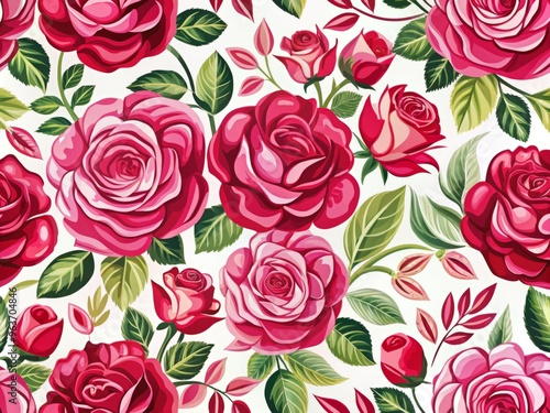 A stylized, modern take on the classic rose motif, featuring bold, graphic blooms in bright pink and red hues, set against a crisp white background with clean lines and minimal shading.
