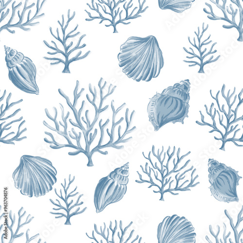 Watercolor Coastal design Coral and shell pattern, Ocean pattern, seashells 