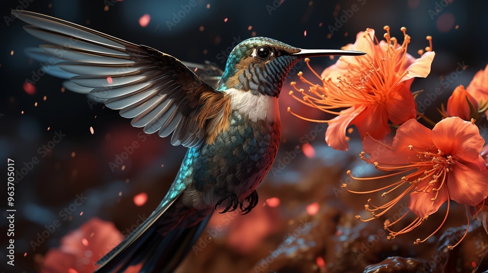 Obraz premium Hummingbird flying to pick up nectar from a beautiful flower. Digital artwork