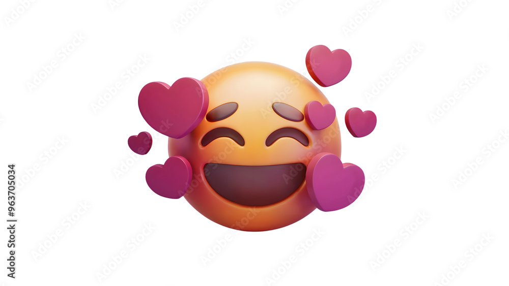 A 3D rendered smiling emoji surrounded by pink hearts, conveying feelings of love and happiness. A 3D rendered smiling emoji surrounded by pink hearts, conveying feelings of love and happiness.