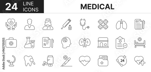 Collection of 24 medical line icons featuring editable strokes. These outline icons depict various modes of medical, hospital, patient, medicine, pharmacy, nurse, 
