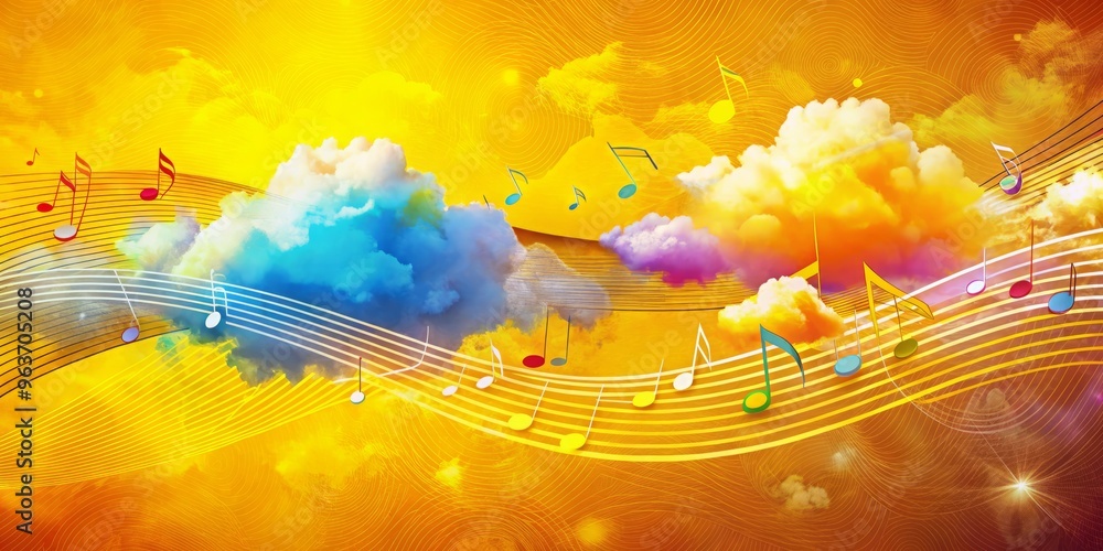 Obraz premium A vibrant and colorful illustration of melodic patterns, depicted as swirling clouds of sound, set against a bright yellow background with subtle texture and grain effects.