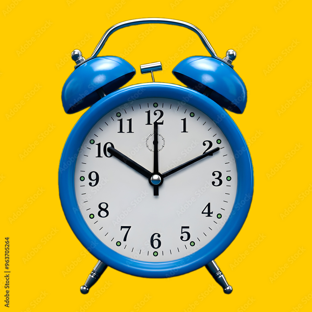 Retro Blue Alarm Clock The image features a retro-style blue alarm clock set against a vibrant yellow background. The clock has a classic design with twin bells on top and a round face displaying Retro Blue Alarm Clock The image features a retro-style blue alarm clock set against a vibrant yellow background. The clock has a classic design with twin bells on top and a round face displaying