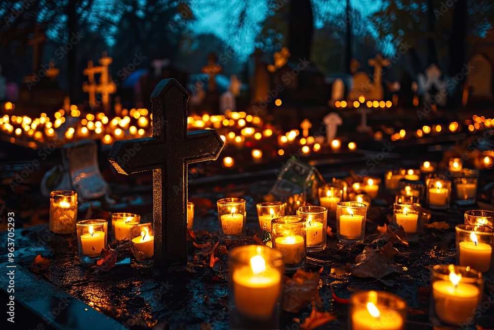 TARNOW, POLAND - NOVEMBER 01, 2017: Candles on the grave glowing in the dark around cross-relief. All Saints Day festival celebrated on a rainy day at the Old Cemetery, generative ai TARNOW, POLAND - NOVEMBER 01, 2017: Candles on the grave glowing in the dark around cross-relief. All Saints Day festival celebrated on a rainy day at the Old Cemetery, generative ai