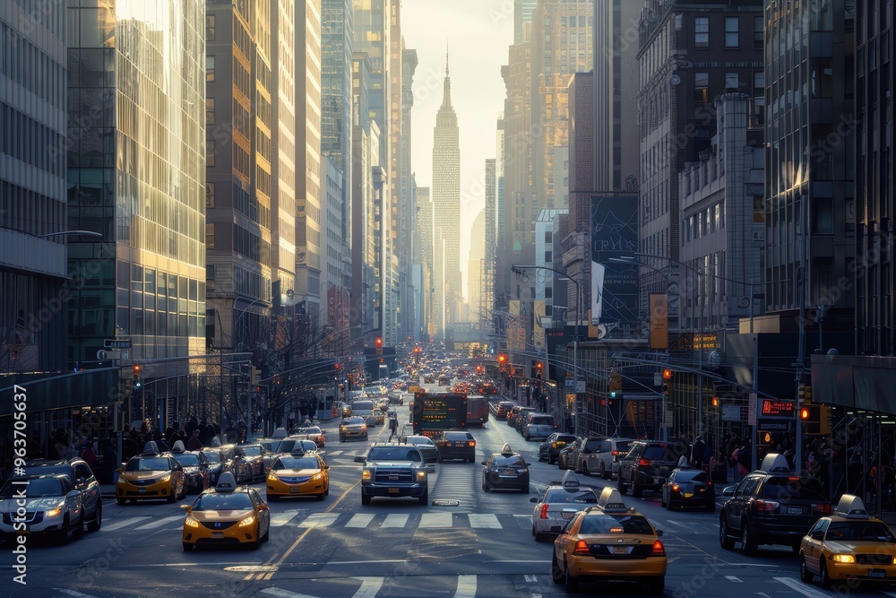 Fototapeta premium A panoramic view of a bustling city skyline at sunset with clouds reflecting sunlight over tall buildings and busy streets below