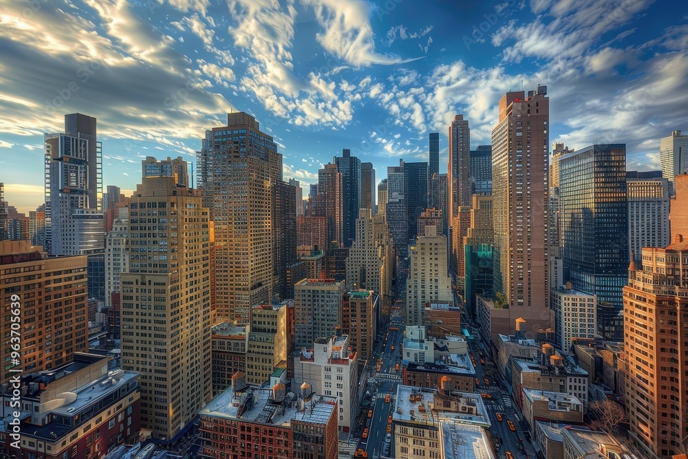 A panoramic view of a bustling city skyline at sunset with clouds reflecting sunlight over tall buildings and busy streets below A panoramic view of a bustling city skyline at sunset with clouds reflecting sunlight over tall buildings and busy streets below