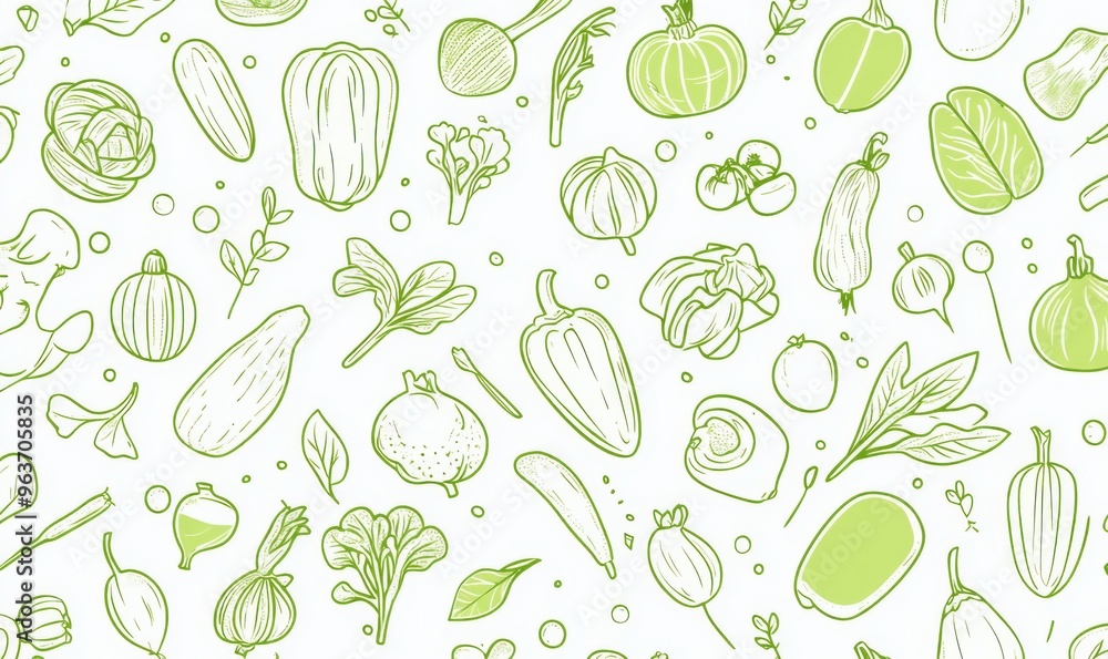 Seamless Background of Light Green Line Drawings of Vegetables on White Background Seamless Background of Light Green Line Drawings of Vegetables on White Background