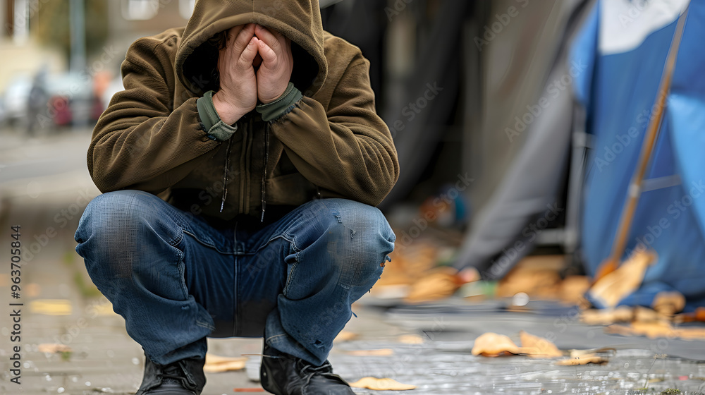Distressed individual holds head in hands, facing eviction and impending homelessness, unsure of what's next. Distressed individual holds head in hands, facing eviction and impending homelessness, unsure of what's next.