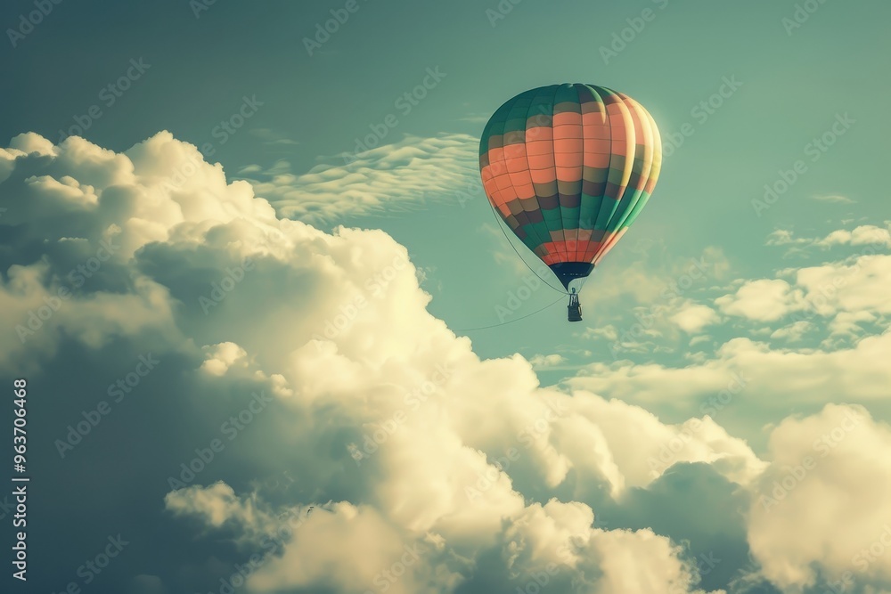 Fototapeta premium Colorful hot air balloon flying above the clouds in a blue sky, freedom, adventure, travel concept