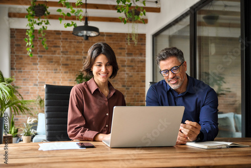 Business team of two happy busy professionals working together using laptop looking at computer. Male executive manager explaining corporate online ai software to female partner sitting at office desk