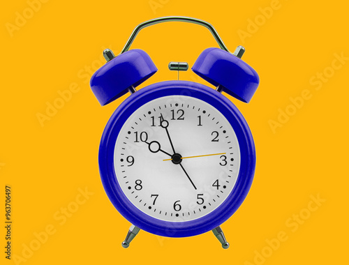 Retro Blue Alarm Clock The image features a retro-style blue alarm clock set against a vibrant yellow background. The clock has a classic design with twin bells on top and a round face displaying 