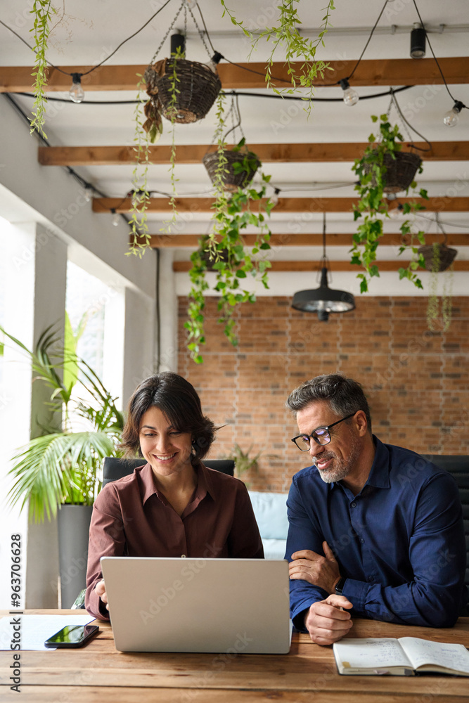 © insta_photos - Happy busy business woman and man executive team people working on laptop in office. Two company managers discuss project looking pointing at laptop computer explaining or consulting sitting at work. © insta_photos - Happy busy business woman and man executive team people working on laptop in office. Two company managers discuss project looking pointing at laptop computer explaining or consulting sitting at work.