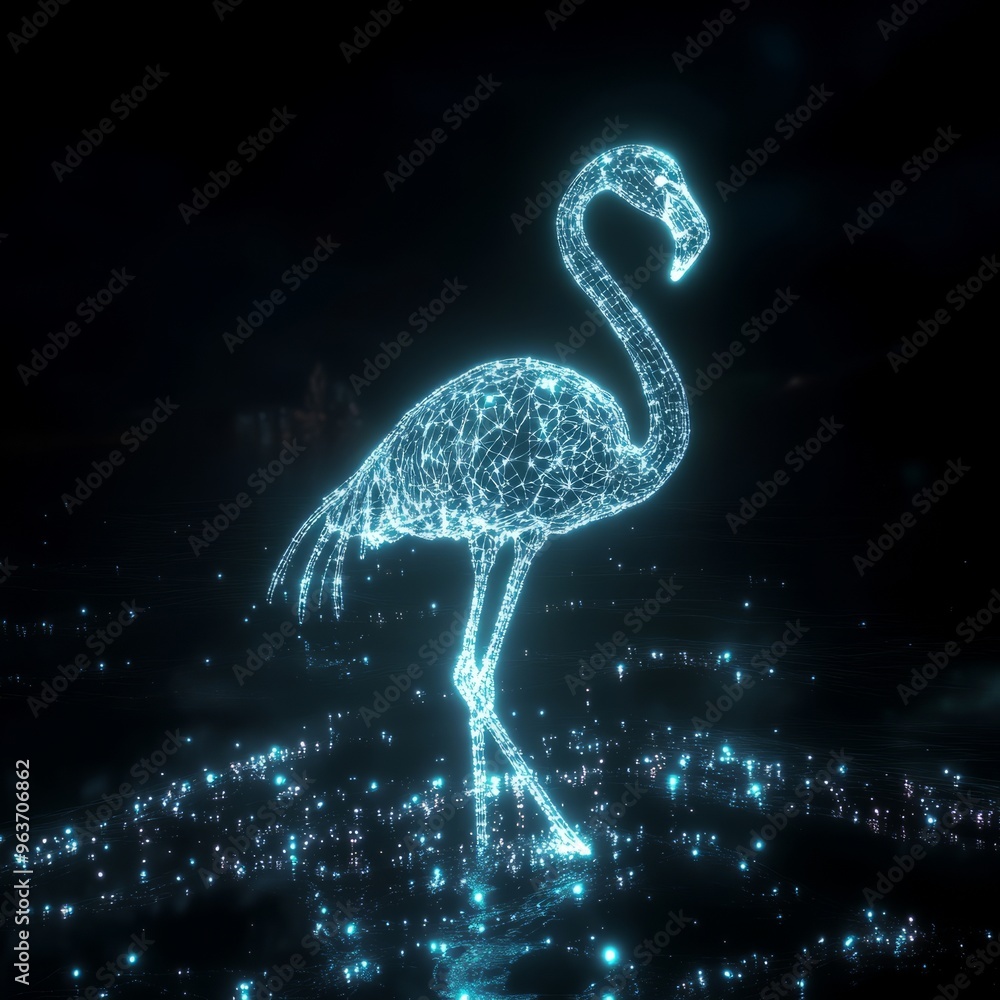Obraz premium Luminous Flamingo Silhouette: 8K Pointillism Nightscape in Unity_3