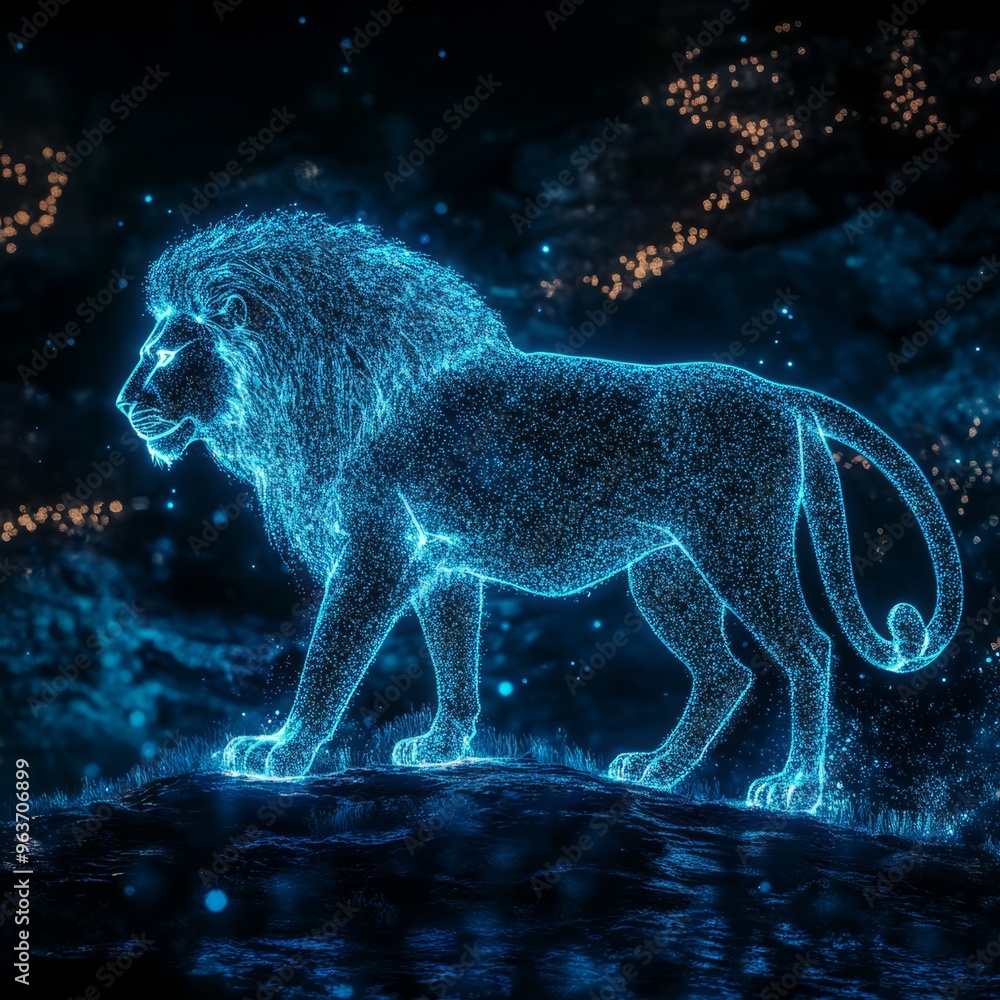 Fototapeta premium Luminous Lion Silhouette in 8K CryEngine_3: Tenebrism Mastery with Pointillism
