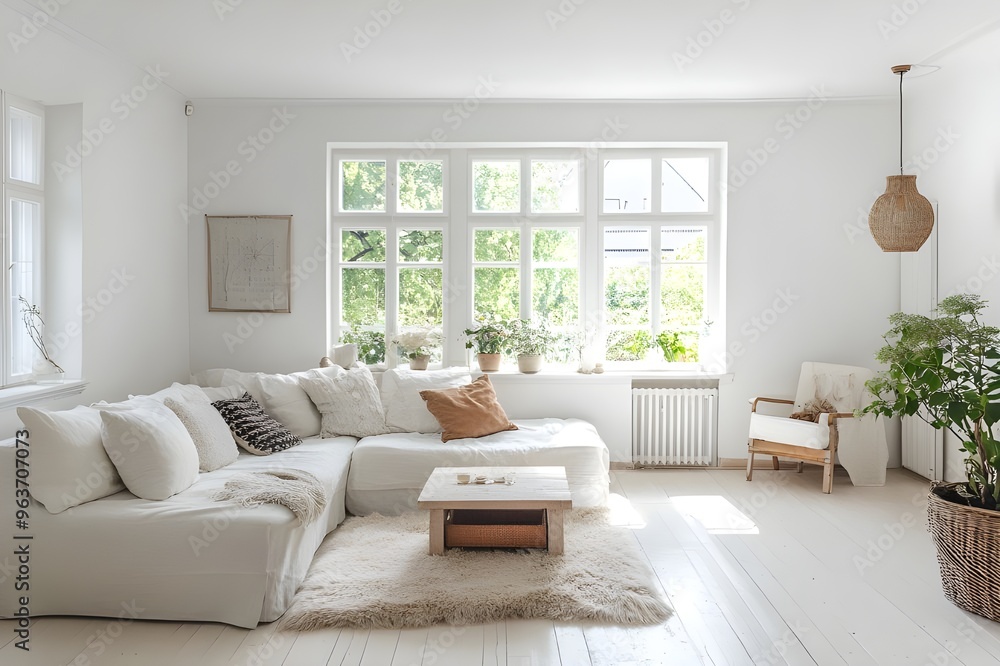 Airy living room with featuring white walls, light wooden floors, and simple, functional furniture. Airy living room with featuring white walls, light wooden floors, and simple, functional furniture.