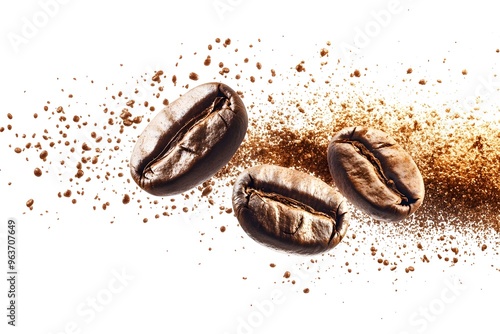 Macro primer plano de granos de cafe tostado con polvo de cafe molido en un fondo blanco