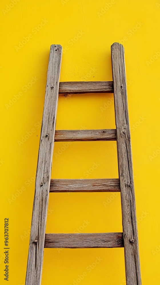 Wooden ladder against yellow background Wooden ladder against yellow background