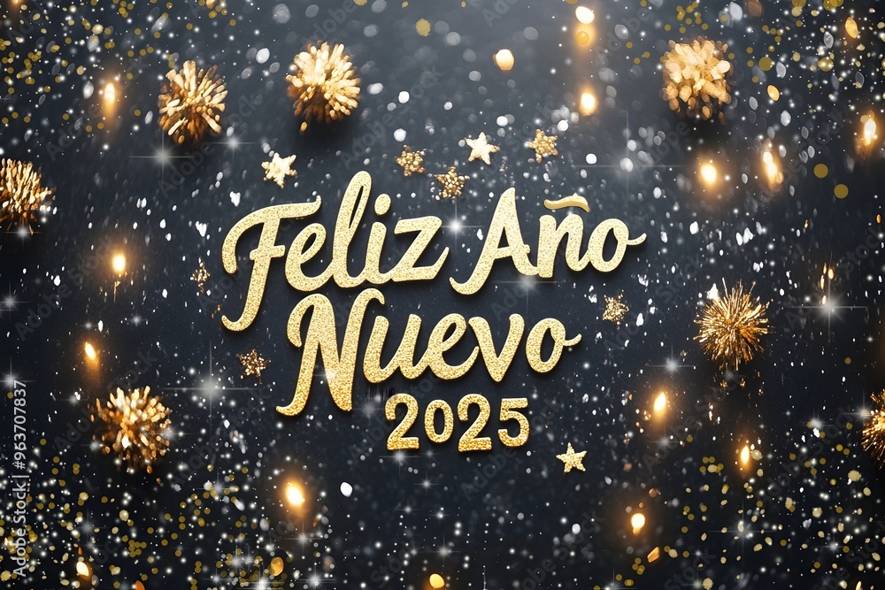 Texto Feliz Año Nuevo 2025 dorado en un fondo negro con luces, estrellas y pequeños brillos. Festejos de fin de Año Texto Feliz Año Nuevo 2025 dorado en un fondo negro con luces, estrellas y pequeños brillos. Festejos de fin de Año