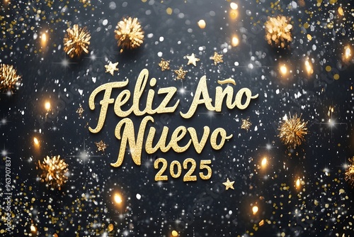 Texto Feliz  Año Nuevo 2025 dorado en un fondo negro con luces, estrellas y pequeños brillos. Festejos de fin de Año